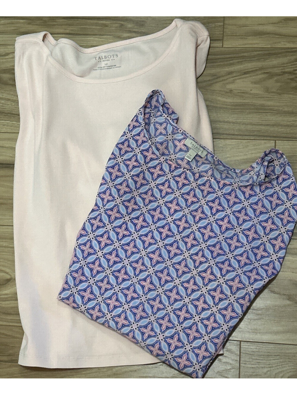 Talbots Size L Petite Lot of 2 Tops Pink 3/4 Sleeve Blue Print Sleeveless EUC